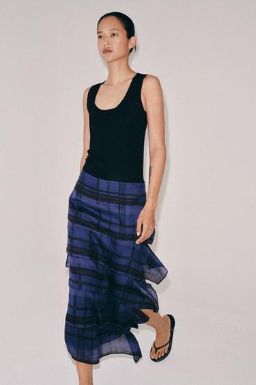 ZW COLLECTION CHECK MIDI SKIRT - Light blue by Zara