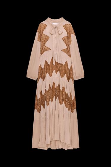 KLEID MIT SCHLEIFE UND SPITZEN-MATERIALKOMBINATION - Pfirsichfarben von Zara - Bild 0