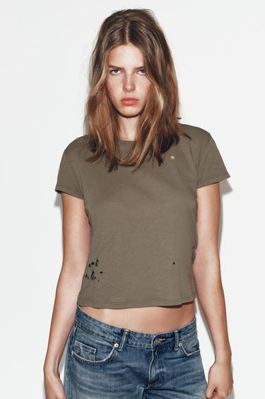 RIPPED SHORT SLEEVE T-SHIRT - Khaki by Zara