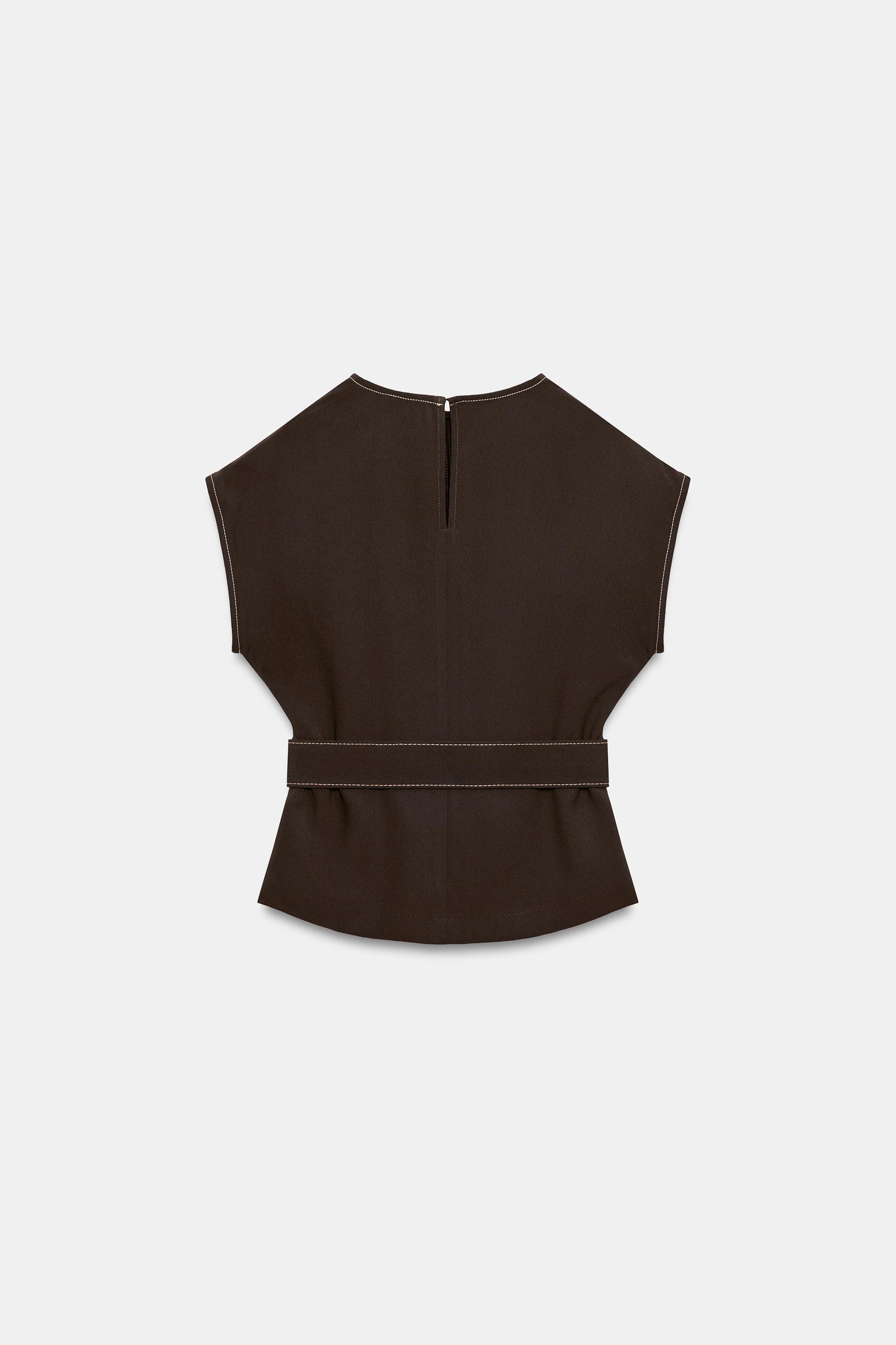 Женские рубашки Zara CONTRAST STITCHED BELTED TOP — фото 7