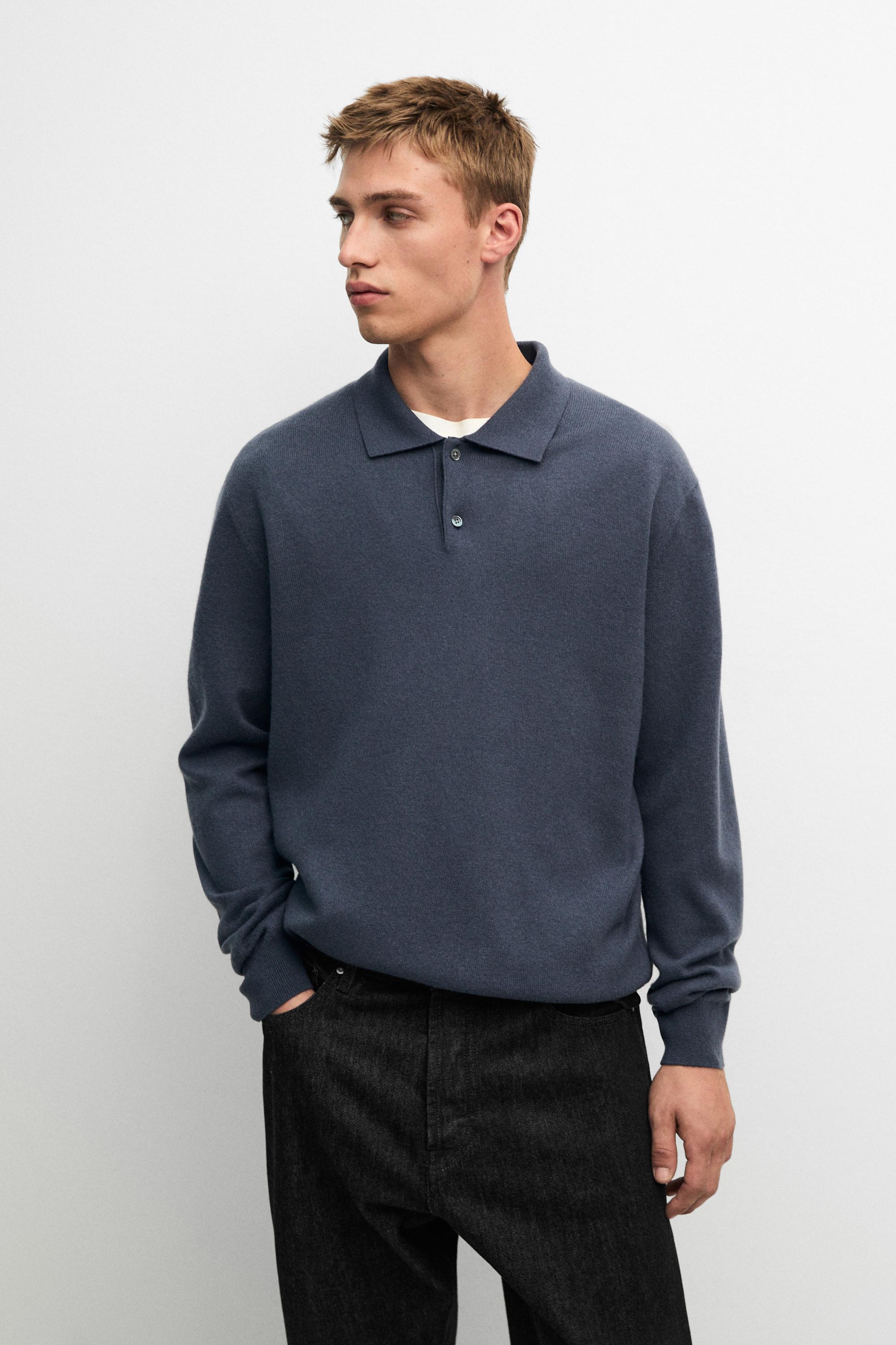 Wool blend knit polo sweater — Dusty blue