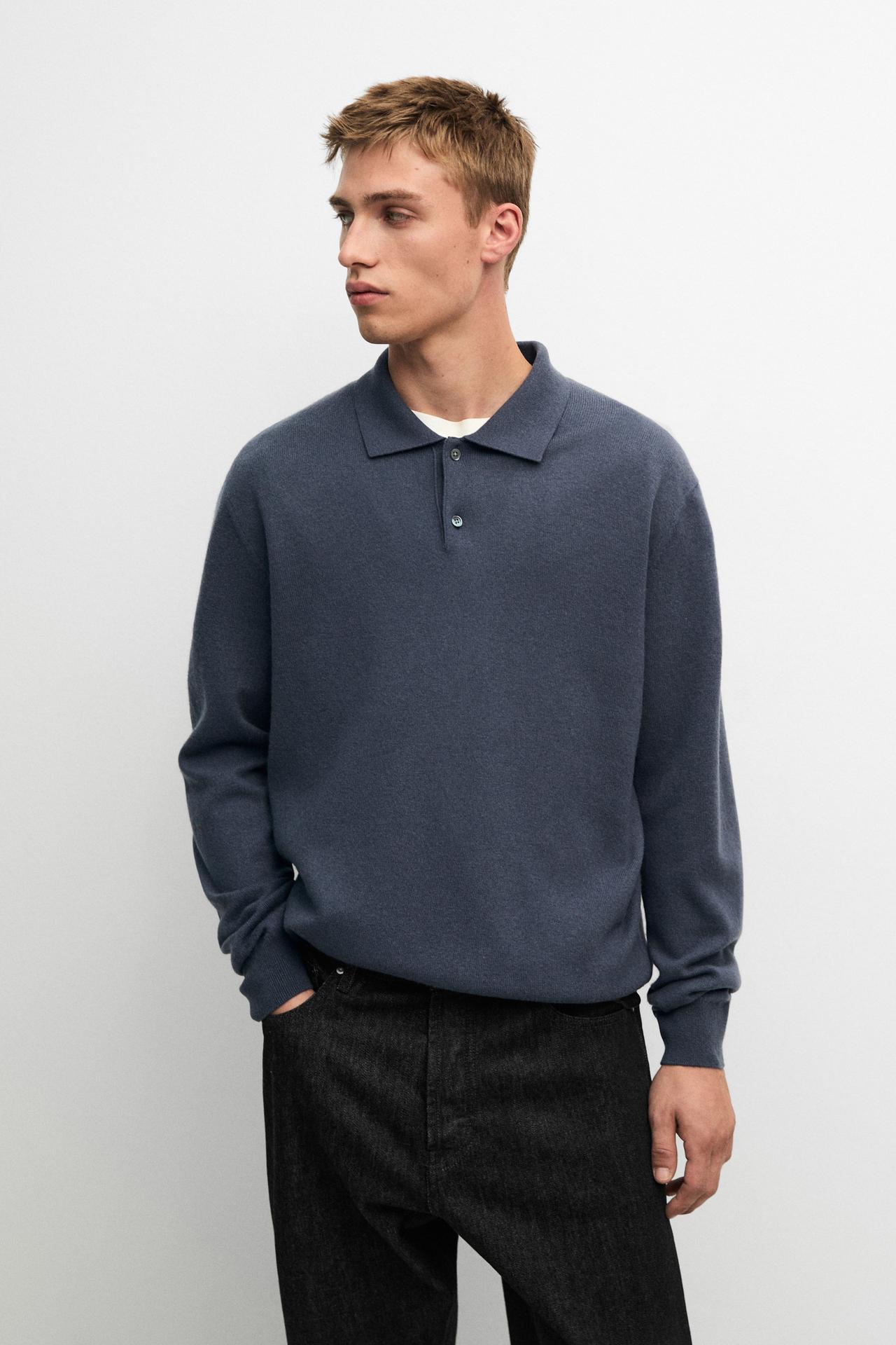 Wool blend knit polo sweater — Dusty blue