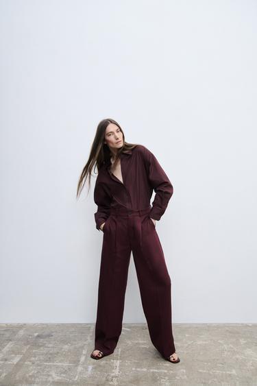 Zara SATIN EFFECT POCKET SHIRT ZW COLLECTION - Burgundy - Image 0