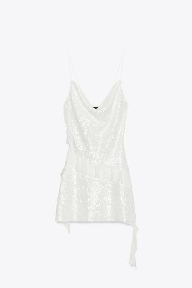Zara Beyaz - KISA PULLU FIRFIRLI ELBİSE