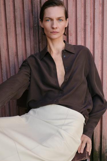 ZW COLLECTION 100% SILK SHIRT - Brown by Zara - Image 0