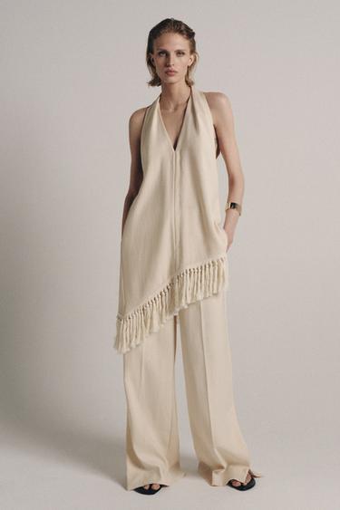 ZW COLLECTION HALTER NECK FRINGED TOP - Mid-ecru by Zara
