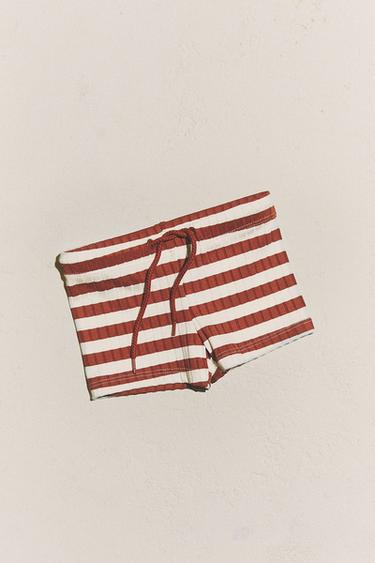 KIDS’ STRIPED BEACH BERMUDA SWIMMING TRUNKS - Brick by Zara