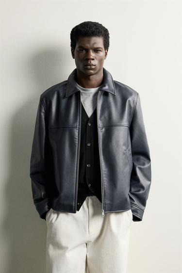REGULAR FIT FAUX LEATHER-EFFECT JACKET — Navy blue 1