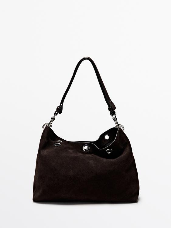 Split suede leather bag with eyelets