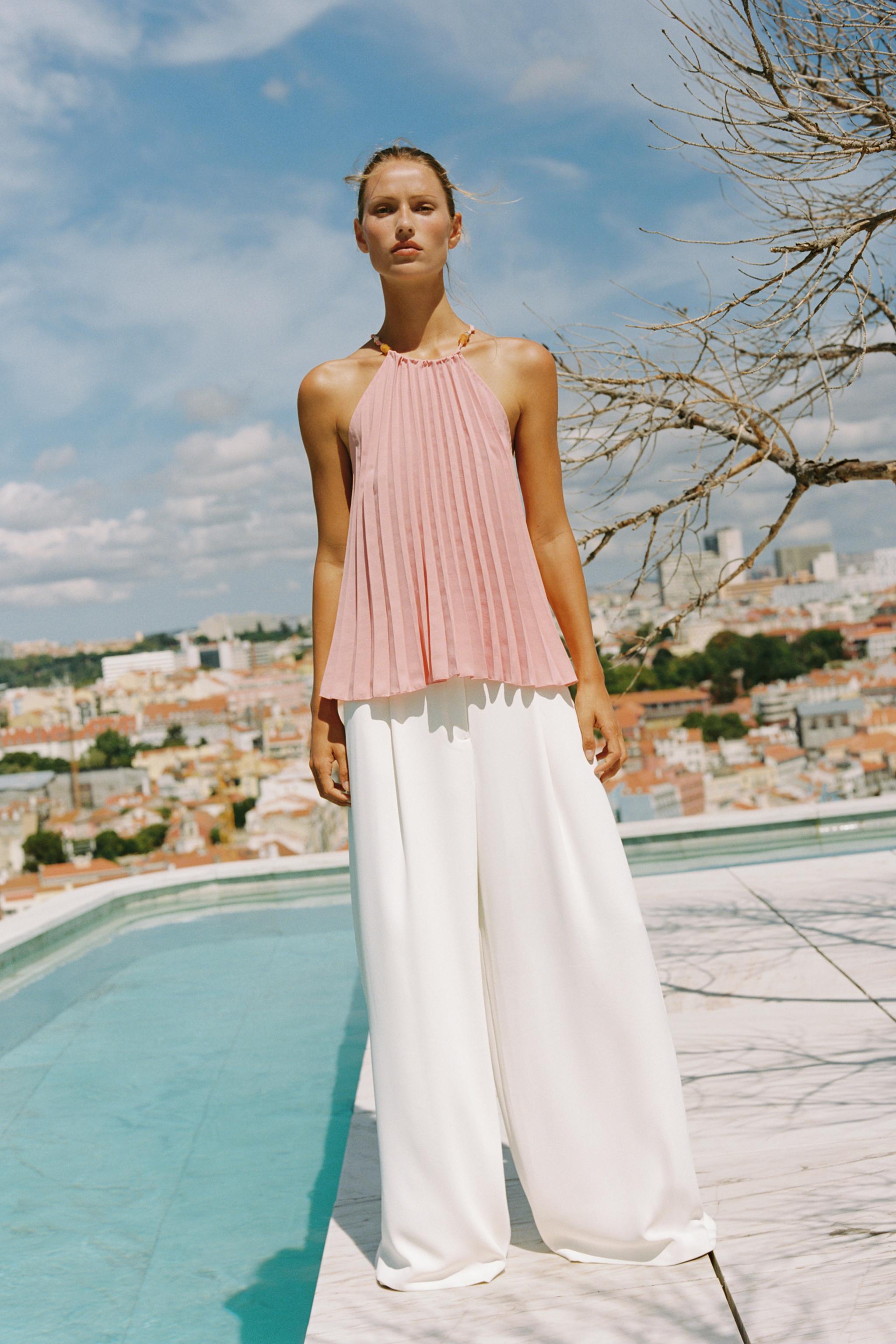 PLEATED BEADED HALTER TOP — Pale pink