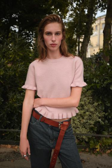 KNIT SHORT SLEEVE SWEATER WITH RUFFLES - Pastel pink by Zara