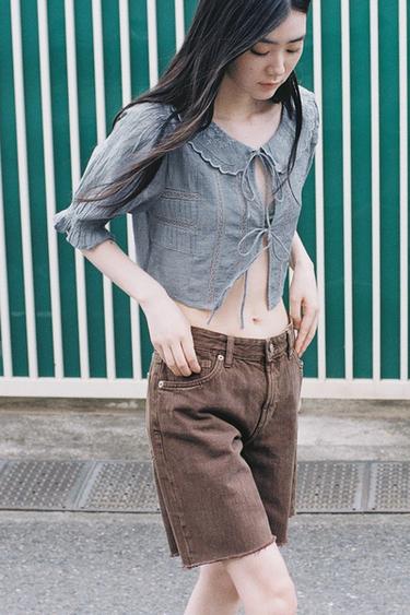 Zara 刺繡短版襯衫 - 藍色 / 灰色