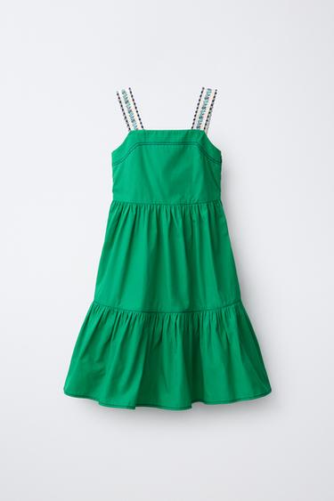 POPLIN DRESS WITH EMBROIDERED STRAPS - Green by Zara