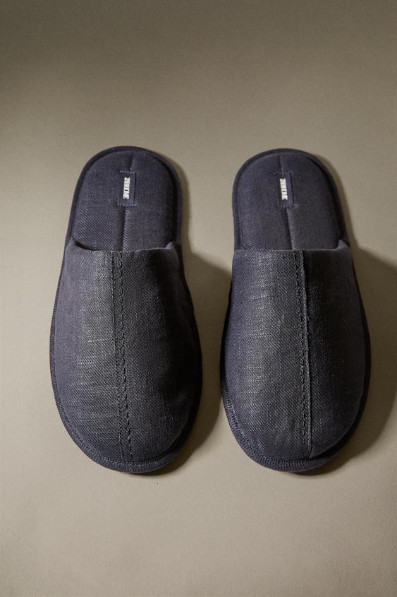 LINEN SLIPPERS WITH TOPSTITCHING - Navy Blue | ZARA United States