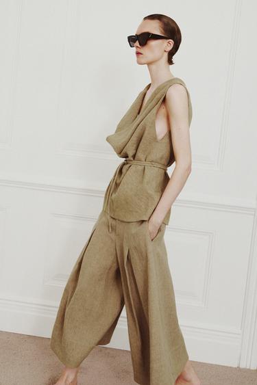 Zara ZW COLLECTION 亞麻寬管褲 - 卡其色