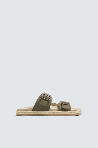 Zara DOUBLE STRAP LEATHER SANDALS - Khaki Green