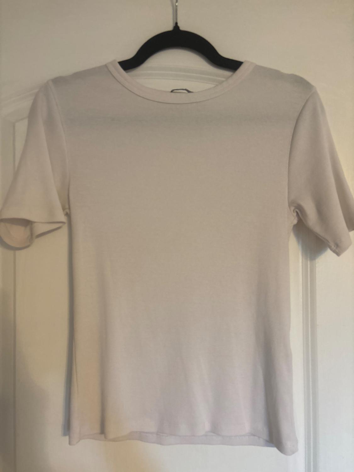Basic white short-sleeved T-shirt hanging on a black hanger on a white door.