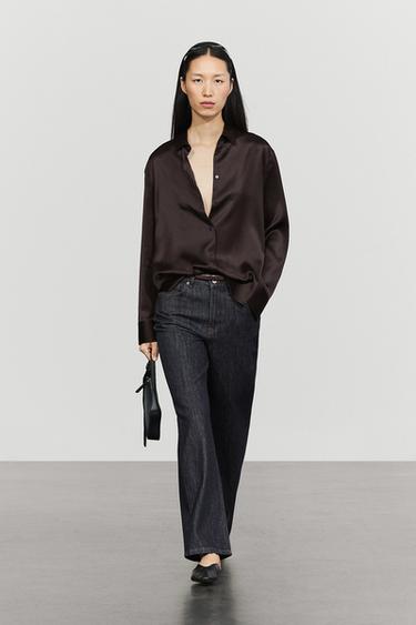Zara Flowing satin shirt - Chocolate - Image 0