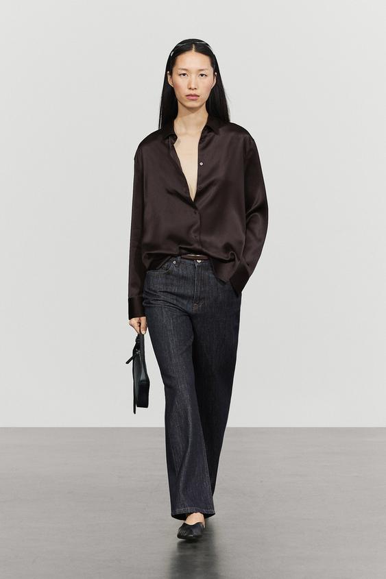 Zara Flowing satin shirt - Chocolate - Image 0