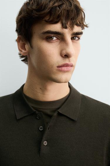 WOOL KNIT POLO SHIRT - Dark khaki by Zara