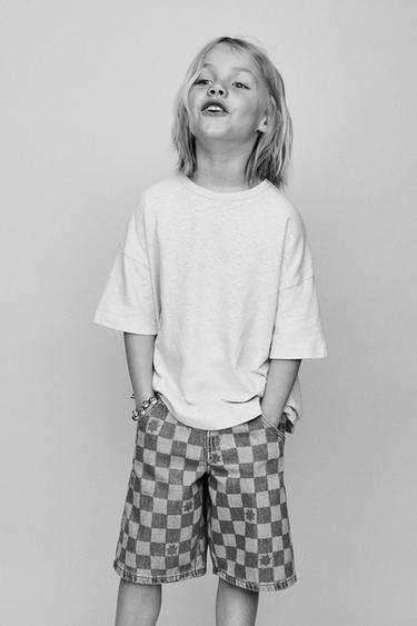 SHORT EN JEAN DAMIER - Bleu clair de Zara