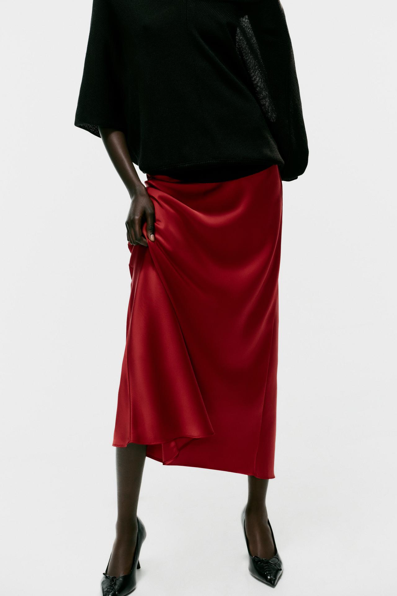 SATIN MIDI SKIRT — Intense red