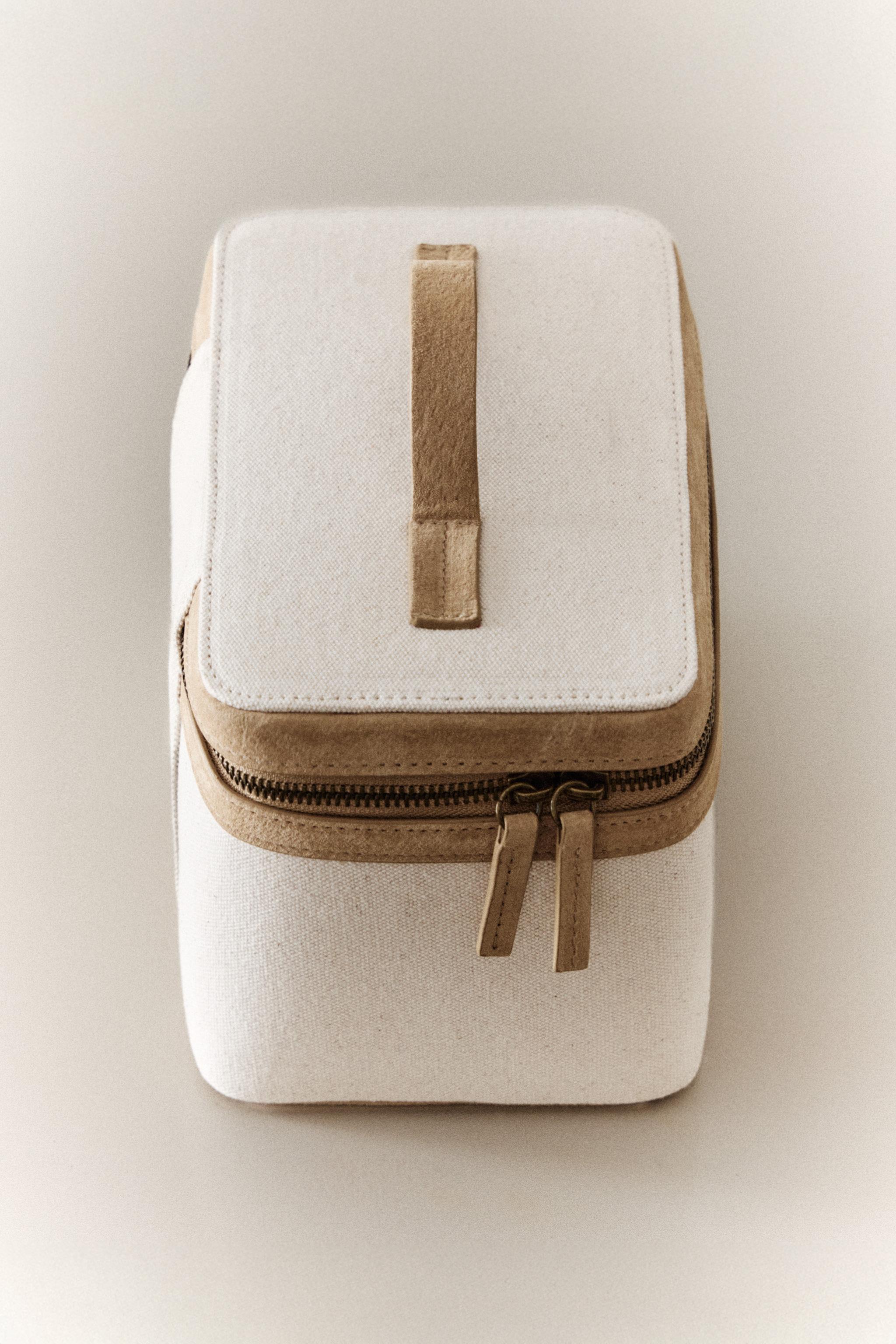 RIGID CANVAS LEATHER MAKEUP BAG — Off White