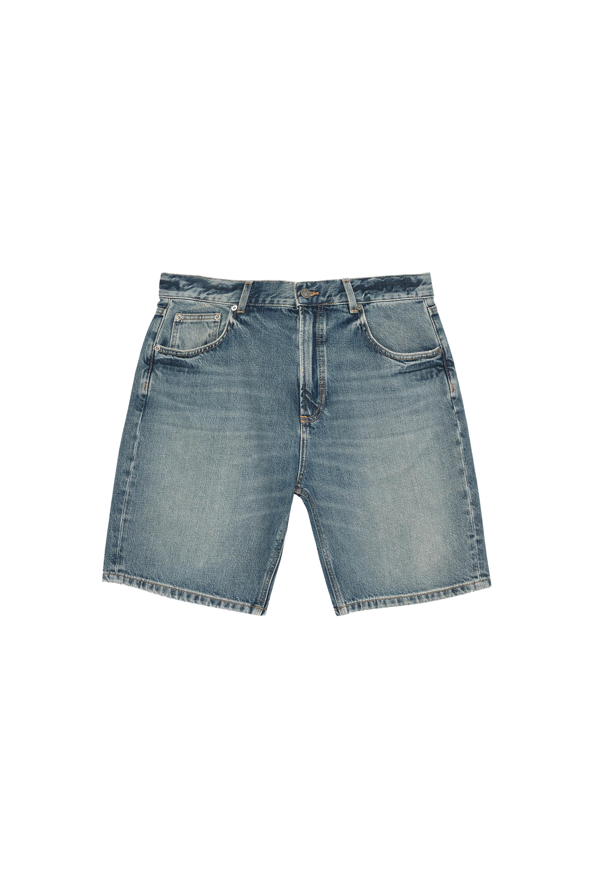 STRAIGHT FIT DENIM SHORTS — Mid-blue