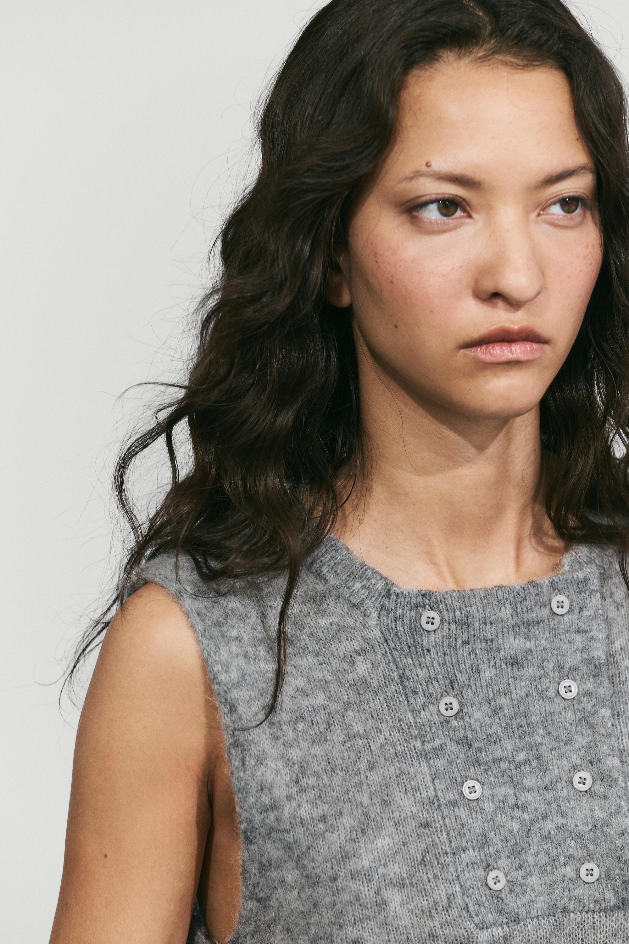 Wool blend button-detail knit top