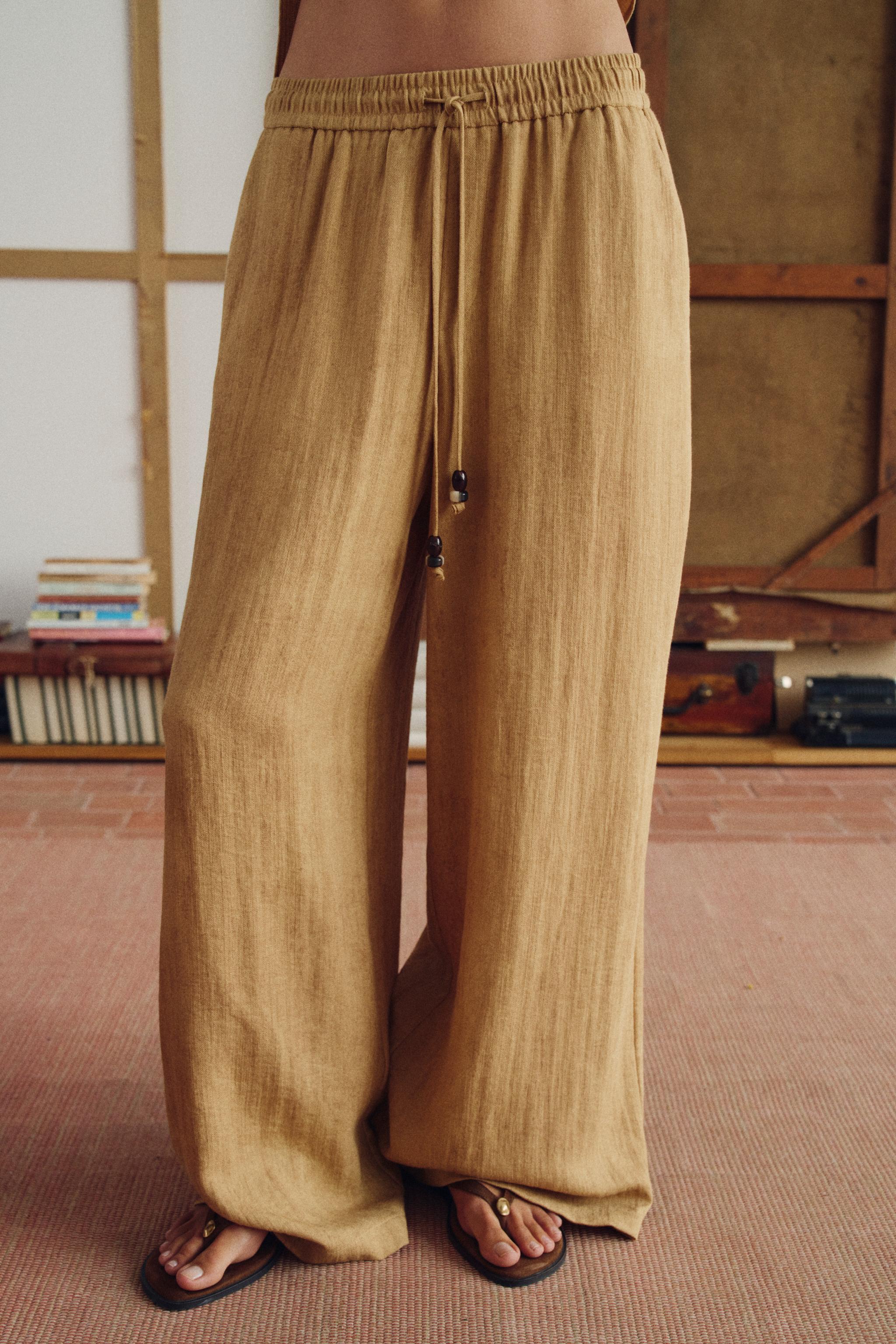 DRAWSTRING WIDE LEG PANTS — Mustard