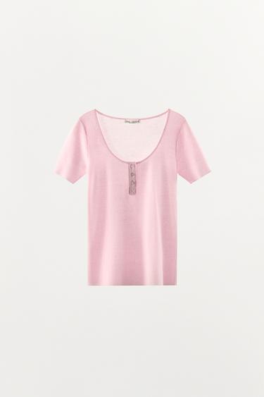Zara BUTTON-FRONT KNIT TOP - Pink