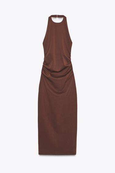 Zara 垂褶繞頸吊帶洋裝 - 棕色
