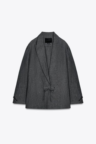 ZW COLLECTION MINIMAL 100% LINEN BLAZER - Grey by Zara - Image 4