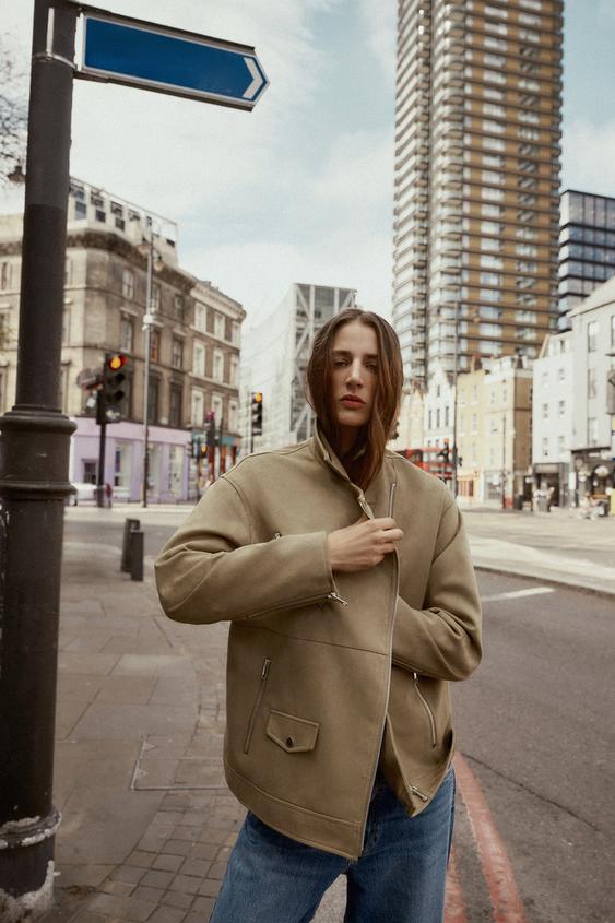 Zara Womens Cream Aviator Jacket Women's Faux Leather Jacket Beige