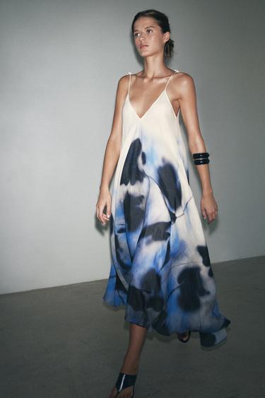 ROBE IMPRIMÉE RAMIE 100 % ZW COLLECTION - Écru / Bleu de Zara