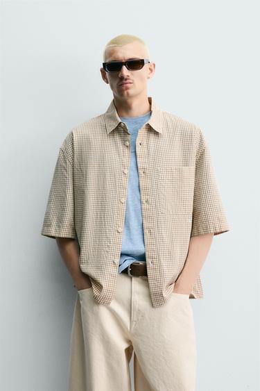 RELAXED FIT CHECK SHIRT WITH CONTRAST EMBROIDERY - CAMEL/WHITE by Zara