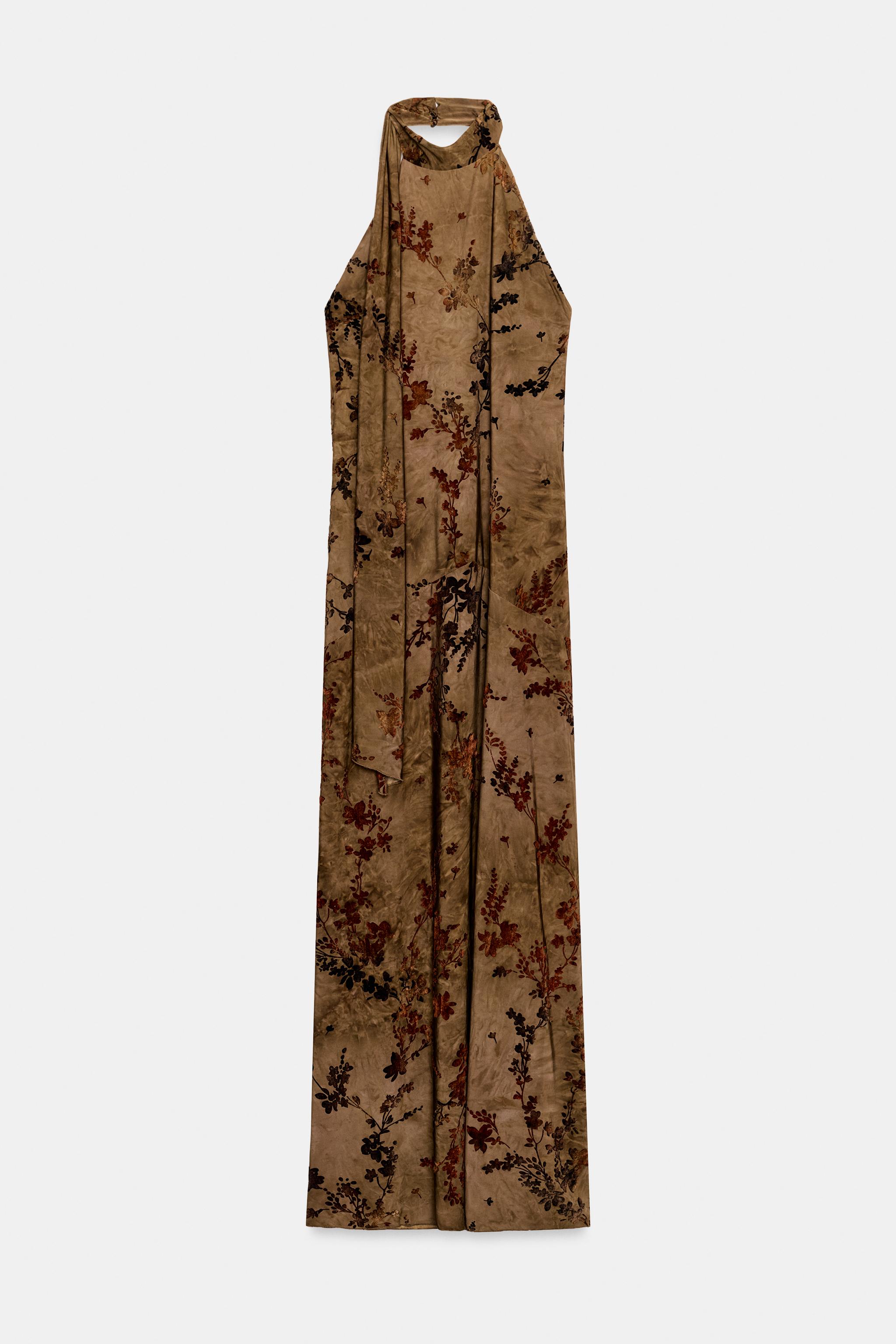 ROBE LONGUE HALTER FOULARD FLOQUÉE