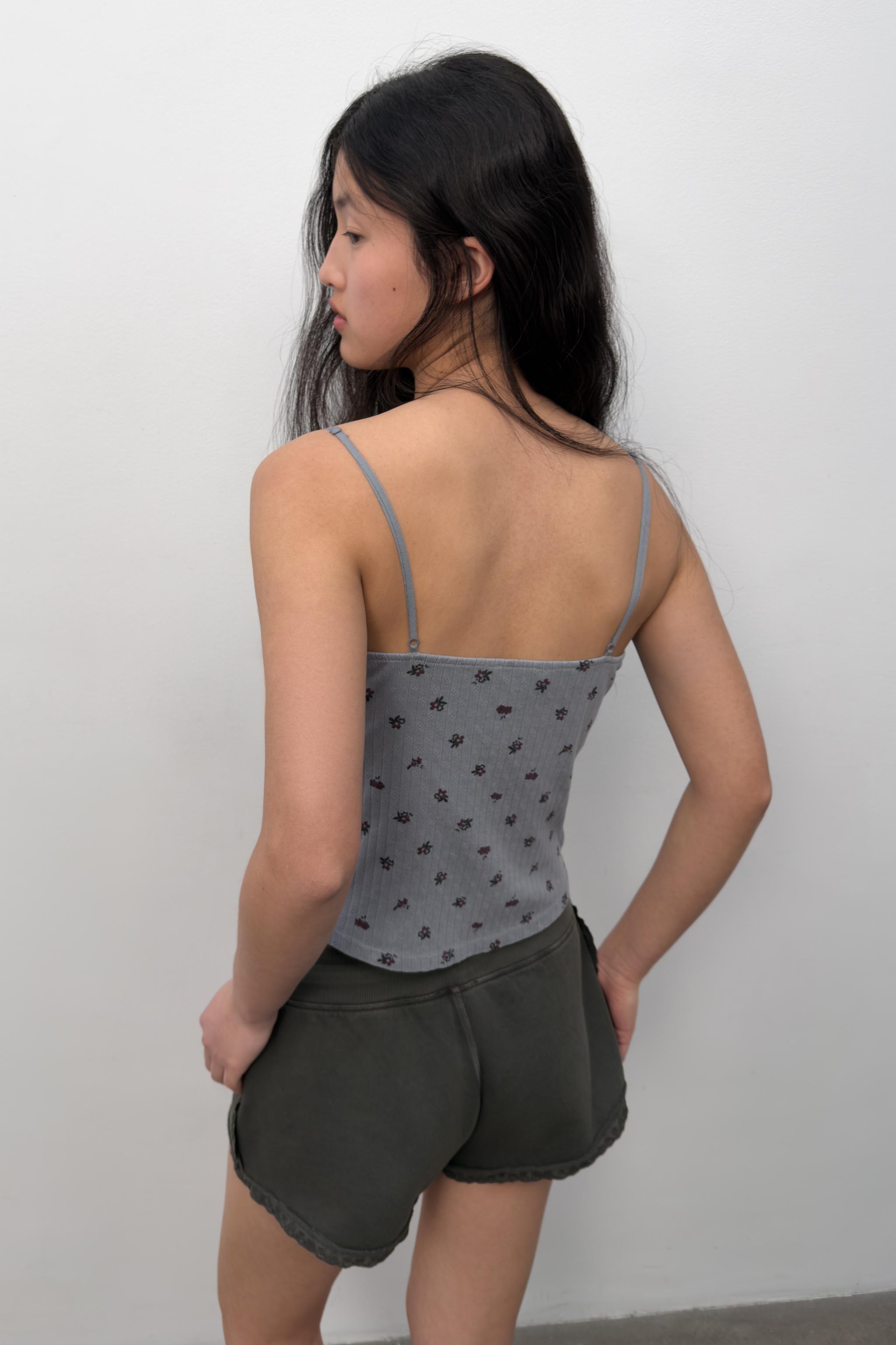 POINTELLE FLORAL TOP — Grey