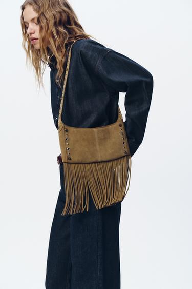 SPLIT SUEDE HANDBAG WITH FRINGING - Dark tan by Zara - Image 1
