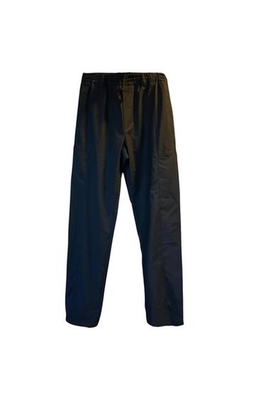 Front view of black pants with elastic waistband and straight leg.