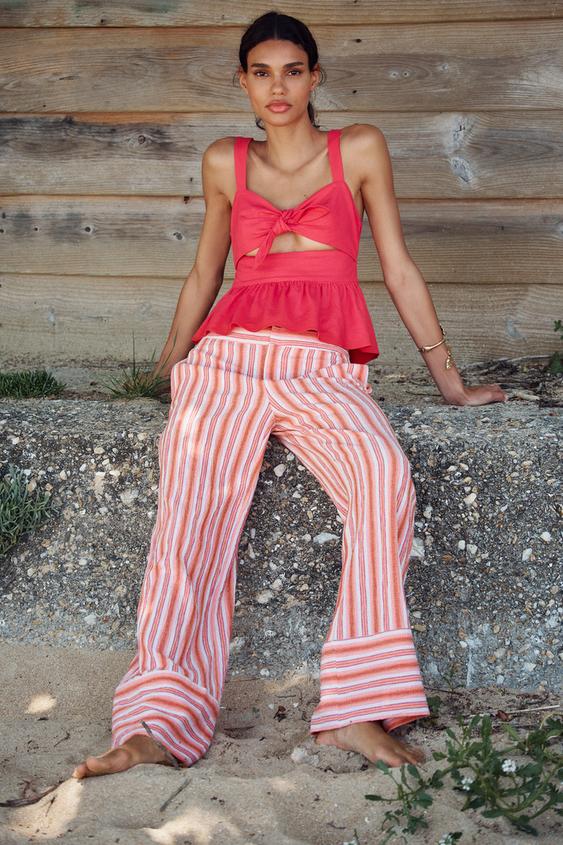 KNOT PEPLUM LINEN BLEND TOP