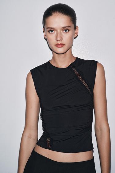 LACE POLYAMIDE TOP - Black by Zara