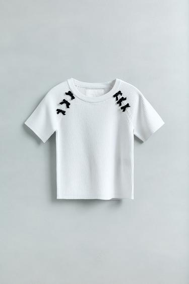 Zara RIB BOW T-SHIRT - Ecru