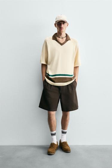 CONTRAST STRIPED KNIT POLO SHIRT - Ecru by Zara - Image 0