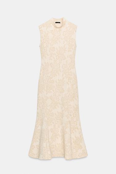 Zara 閃亮紗線提花連身裙 - 裸色 / 米色