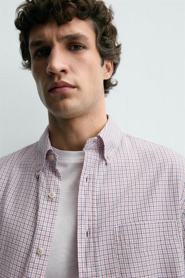 Zara PLAID POCKET SHIRT - Coral pink