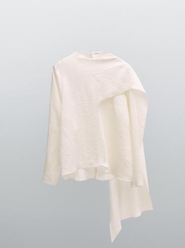 Zara Flowing satin blouse with wraparound collar - STUDIO - Oyster-white