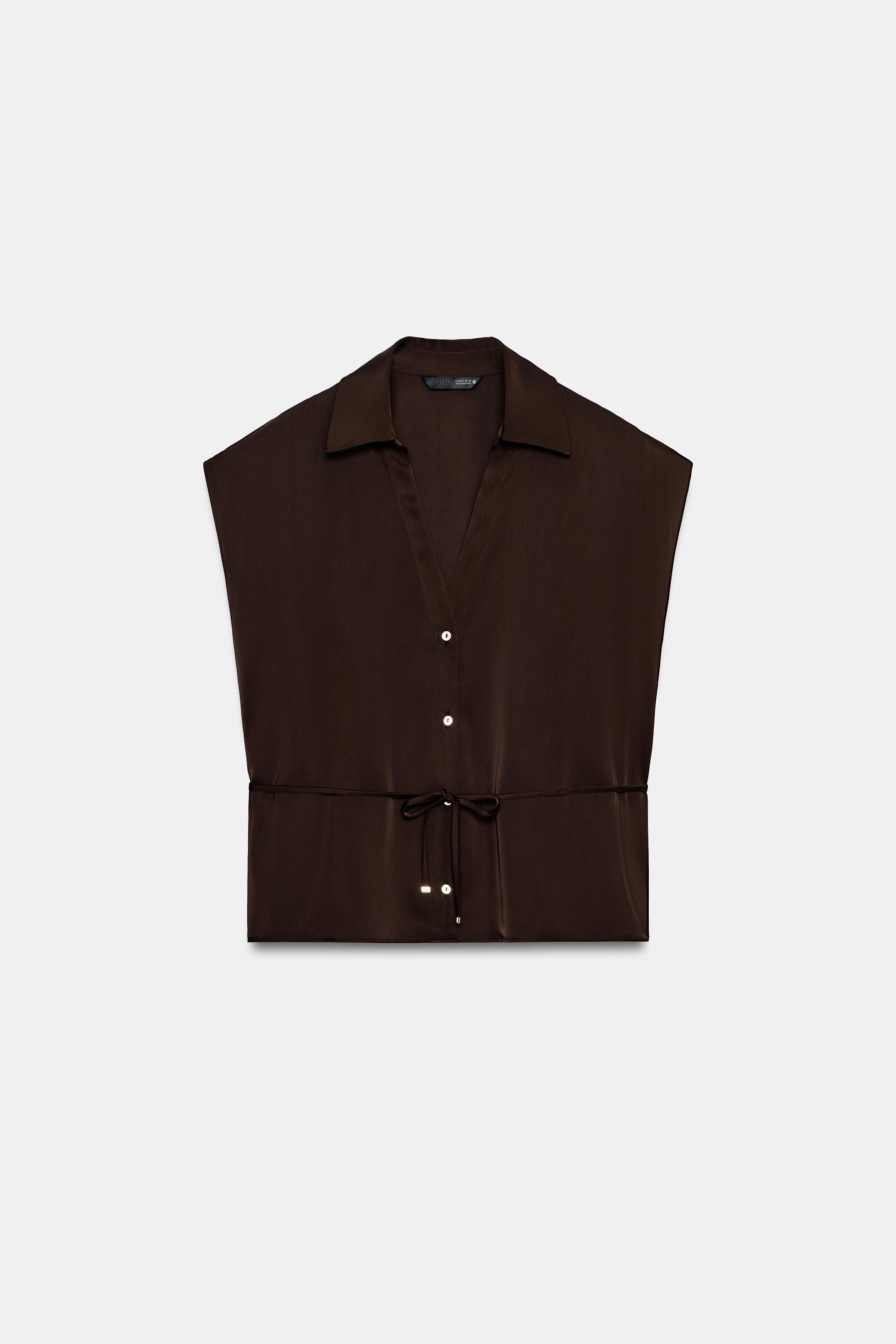 Женские рубашки Zara BELTED SATIN EFFECT SLEEVELESS SHIRT — фото 6
