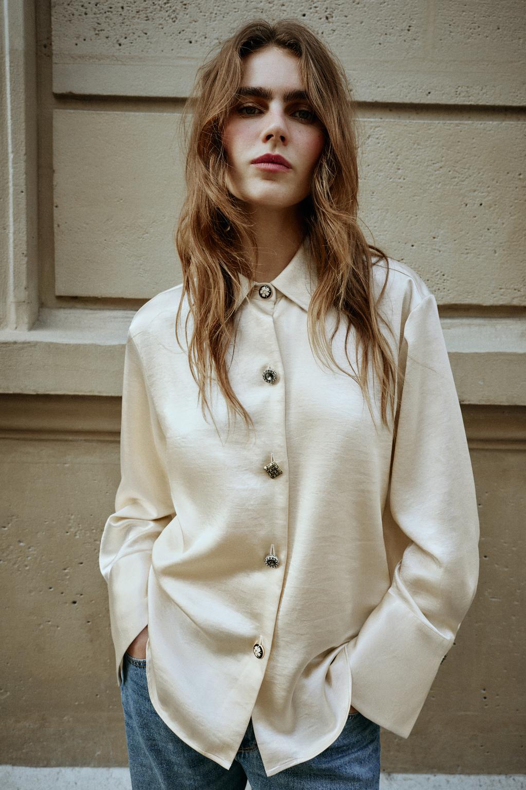 SATIN SHIRT WITH BEJEWELLED BUTTONS