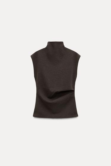 Zara SIDE DRAPED SOFT INTERLOCK TOP - Brown - Image 0